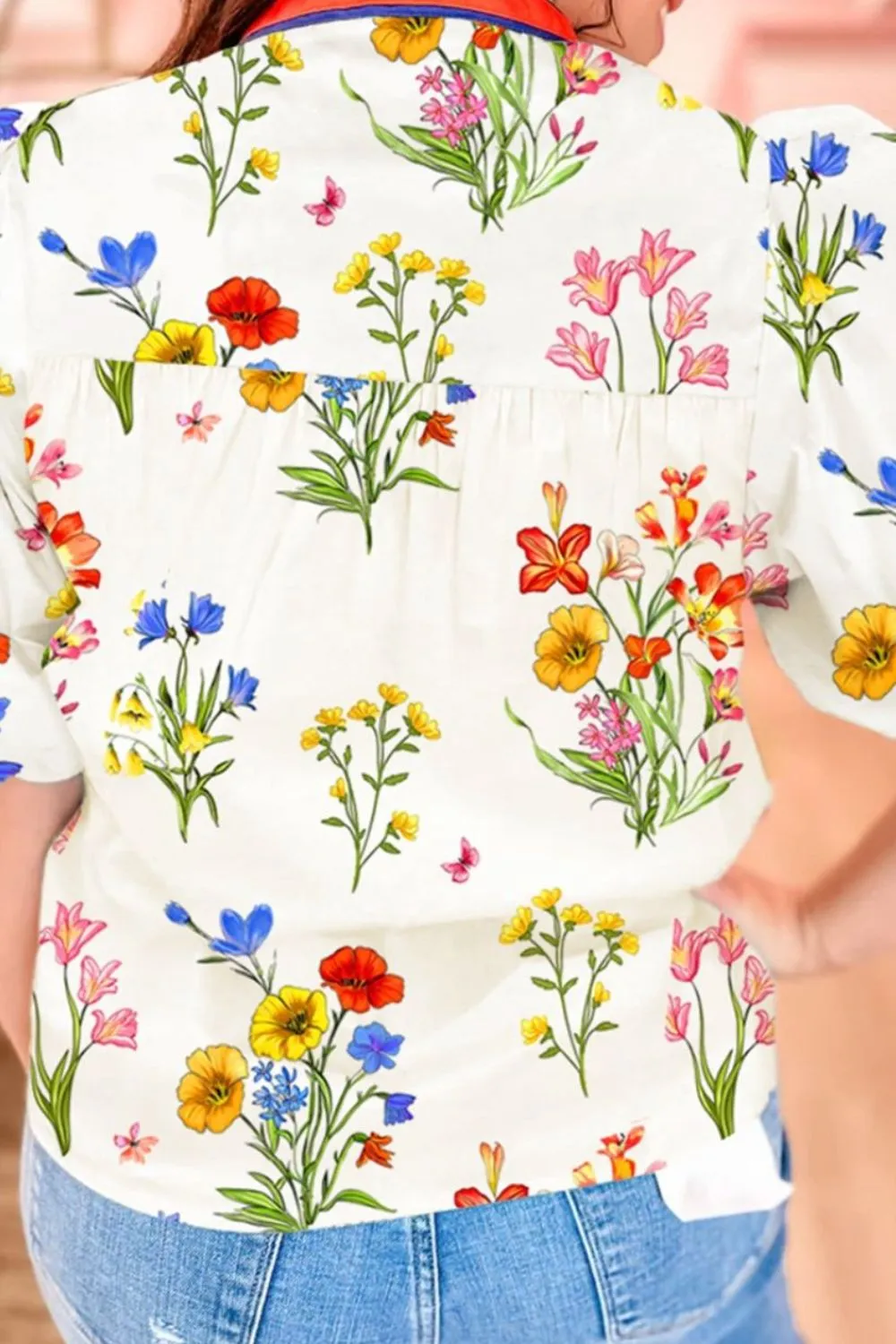 Floral Short Puff Sleeve Notched Blouse, image 6