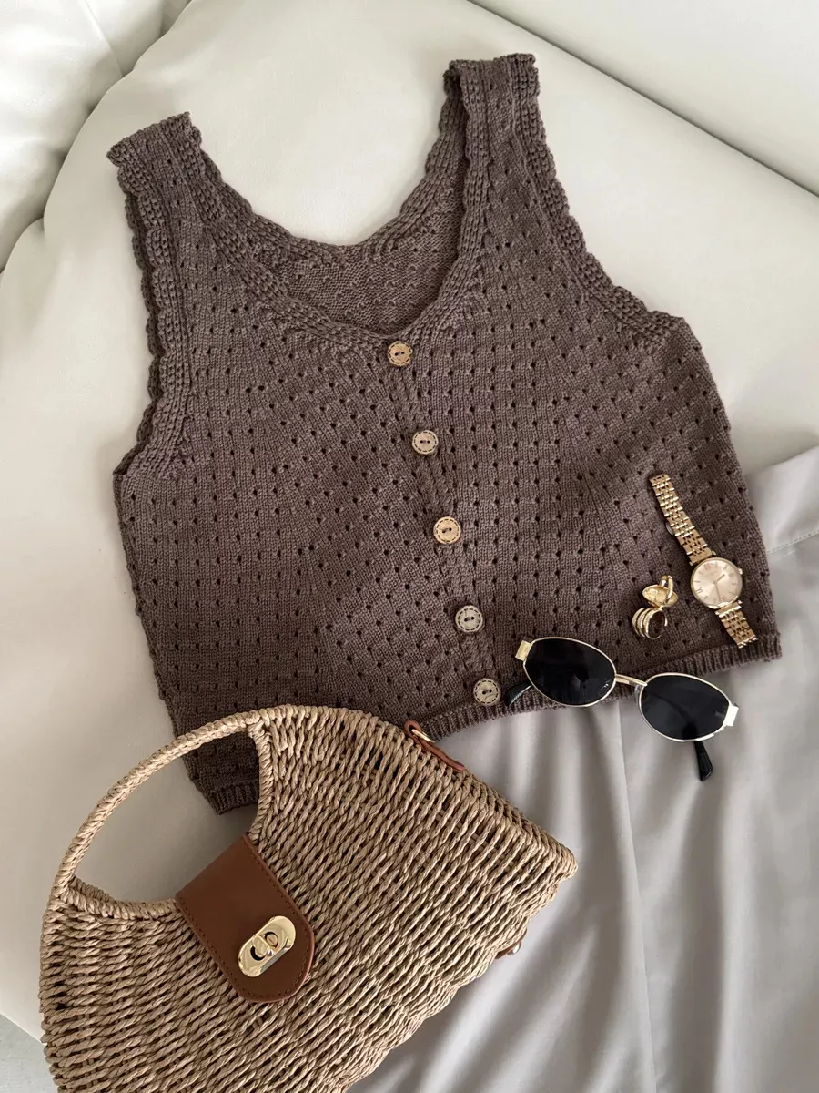 Crochet Decor Button Eyelet Knit Vest, image 13