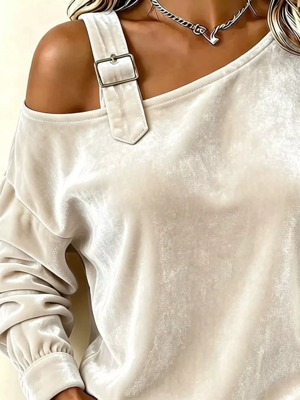 Full Size Velvet Buckle Detail Asymmetrical Neck Blouse Plus Size, image 5