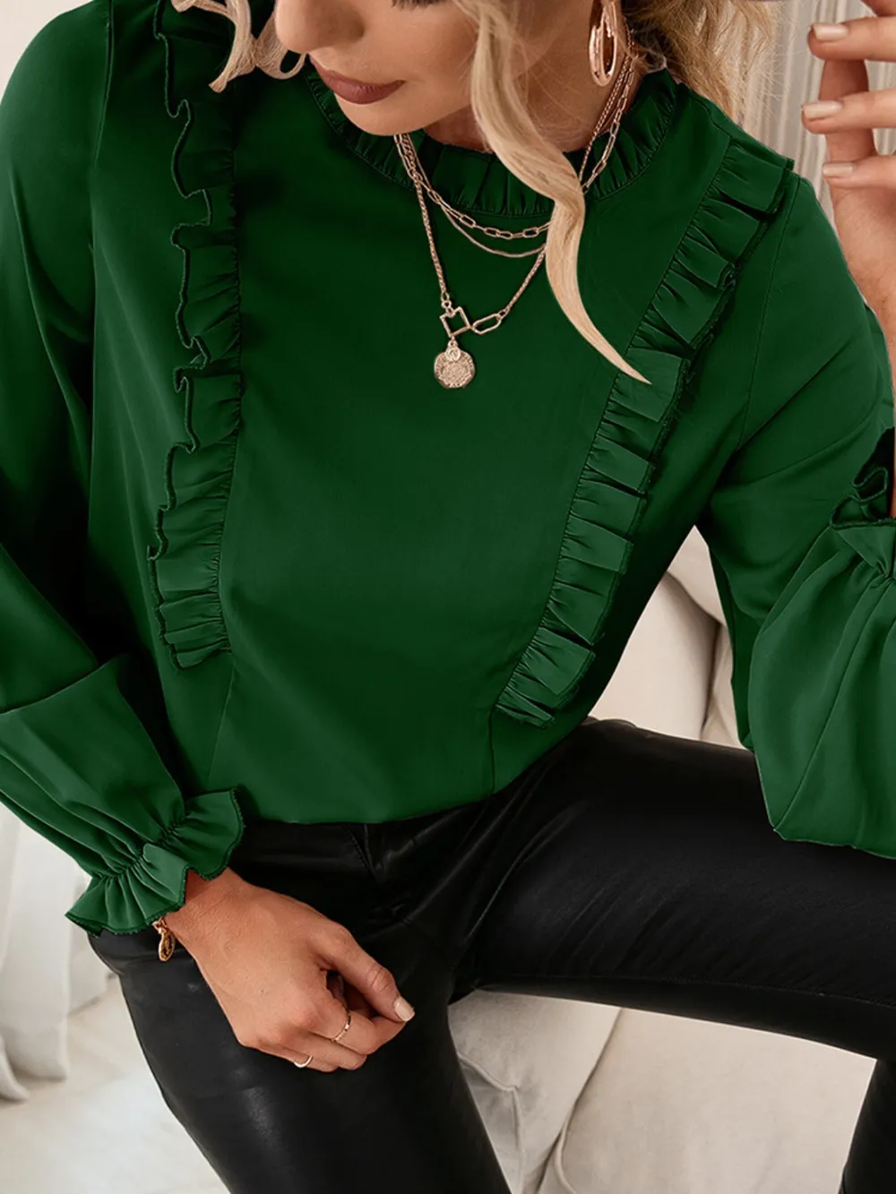 Frill Round Neck Flounce Sleeve Blouse, image 9