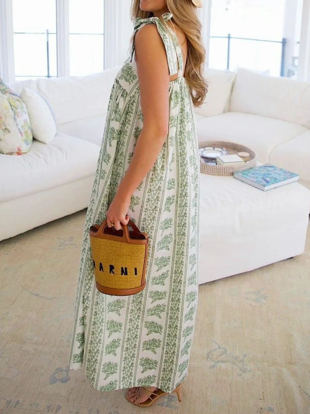 Printed Tie Shoulder Square Neck Midi Dress, image 2
