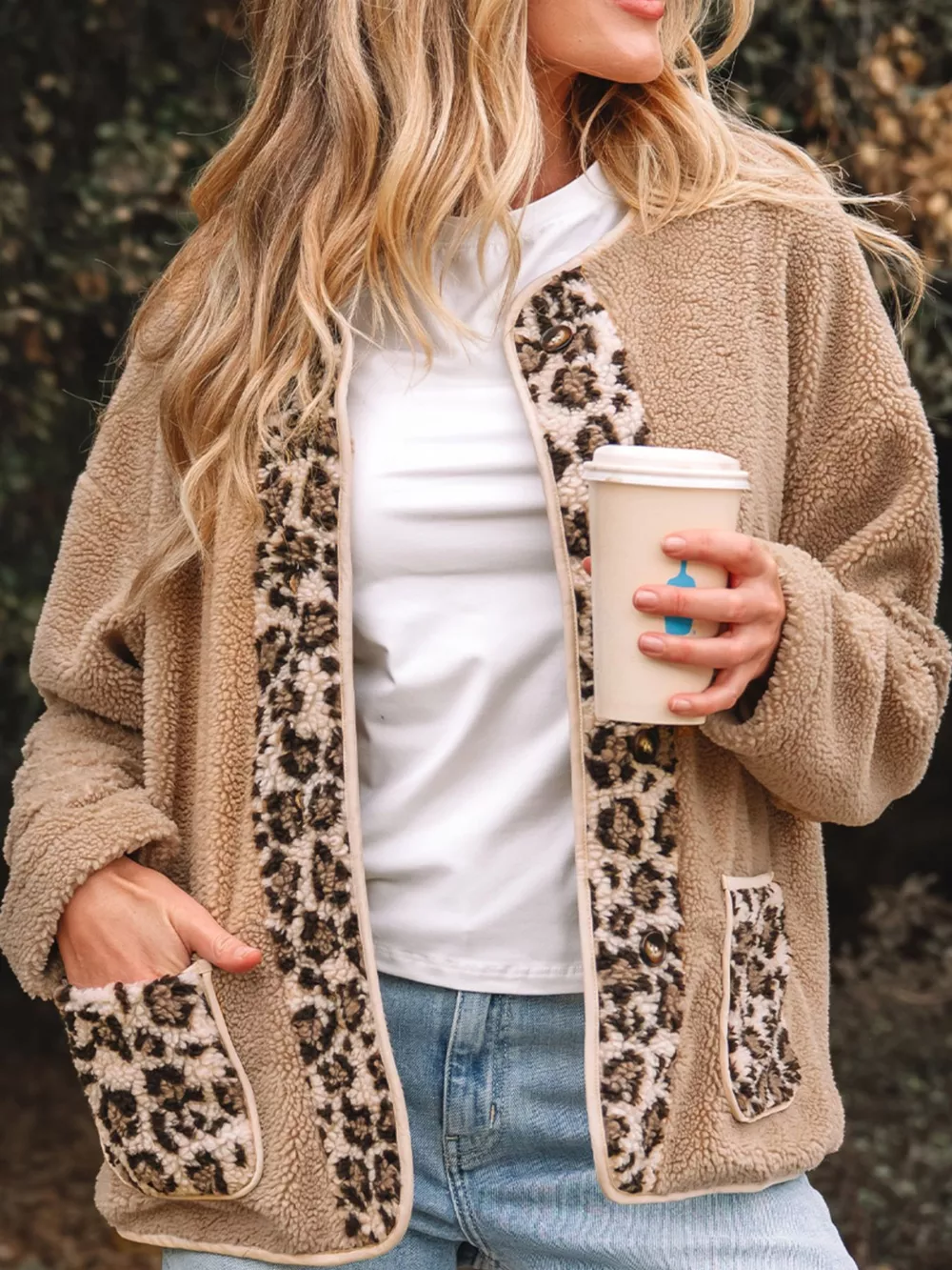 Casual Leopard Print Accent Plush Jacket with Pockets, image 5