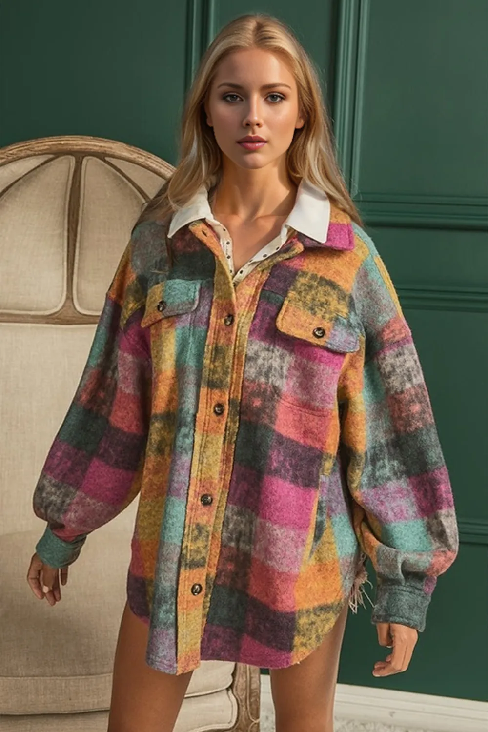 Full Size Button Up Plaid Fleece Shacket with Pockets