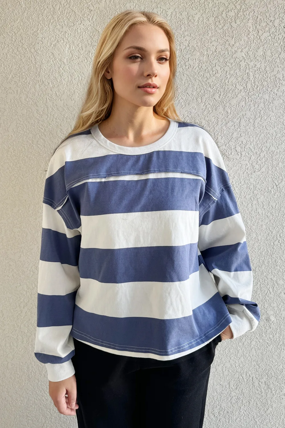Pima Cotton Wash Exposed Seam Contrast Striped Round Neck Long Sleeve T-Shirt, image 2