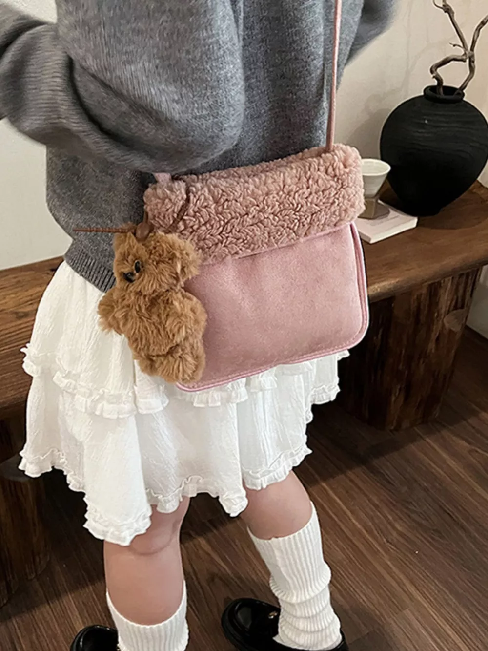 Teddy Bear Charm Plush Trim Crossbody Bag, image 7