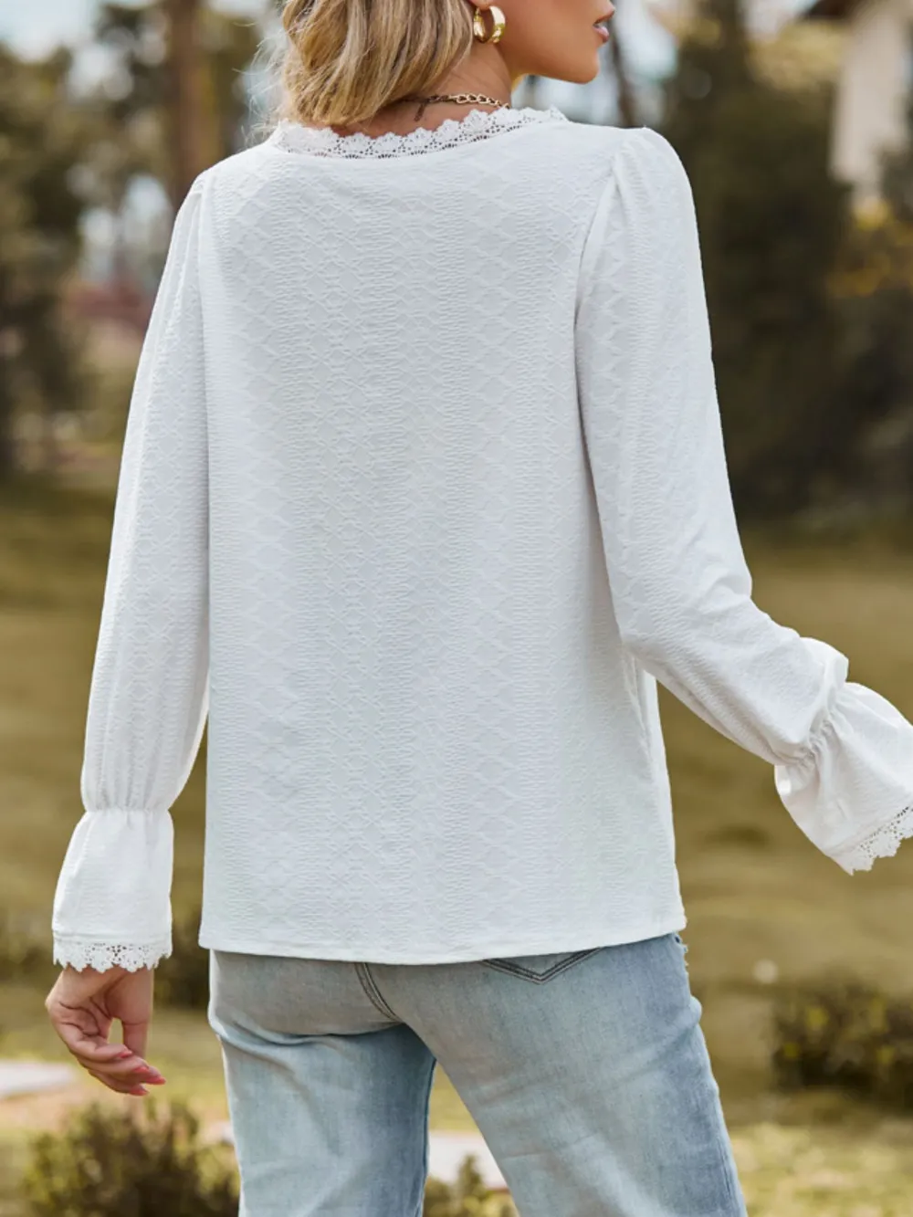 Lace Trim V-Neck Blouse with Flounce Sleeves, image 6