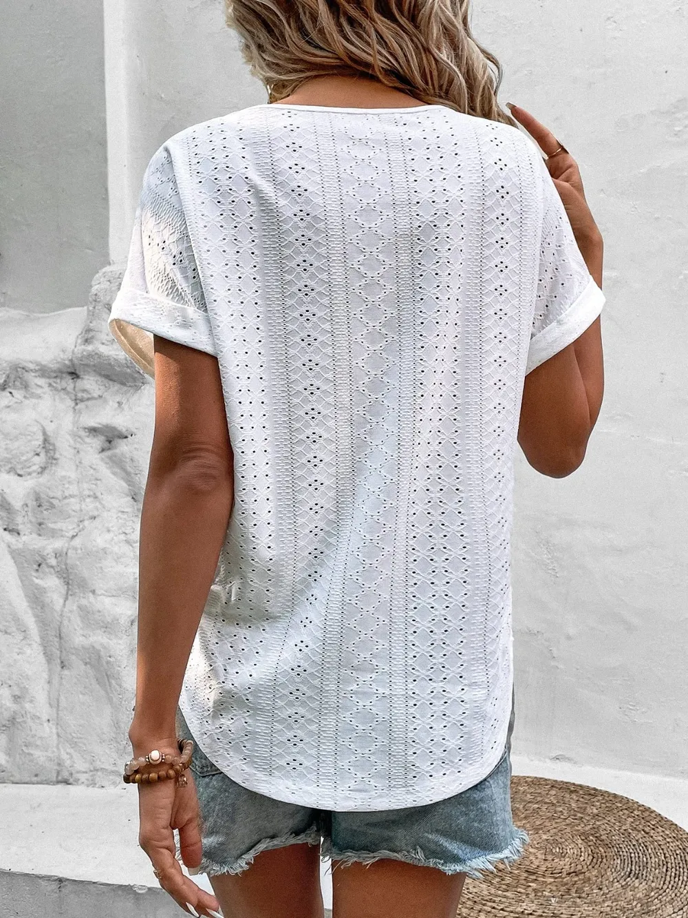 Eyelet V-Neck Short Sleeve Blouse, image 3