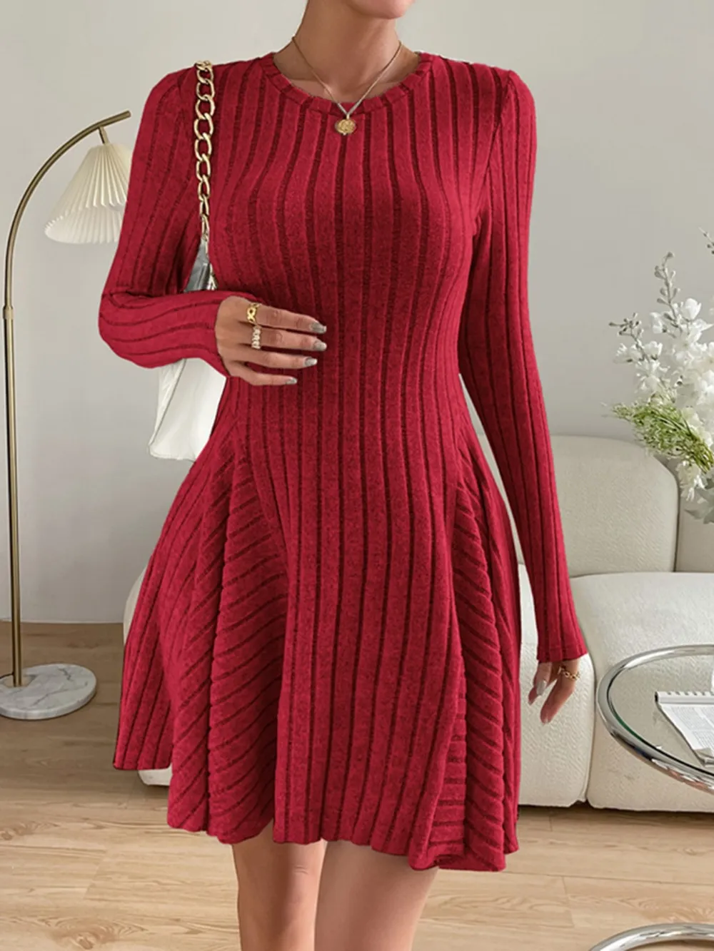 Ribbed Round Neck Long Sleeve Dress, image 2