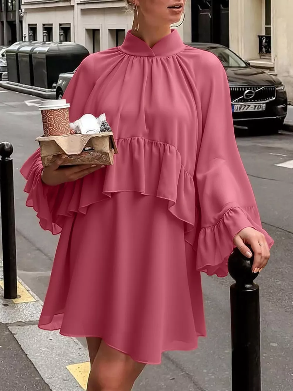 Ruffle Trim High Neck Mini Dress, image 6