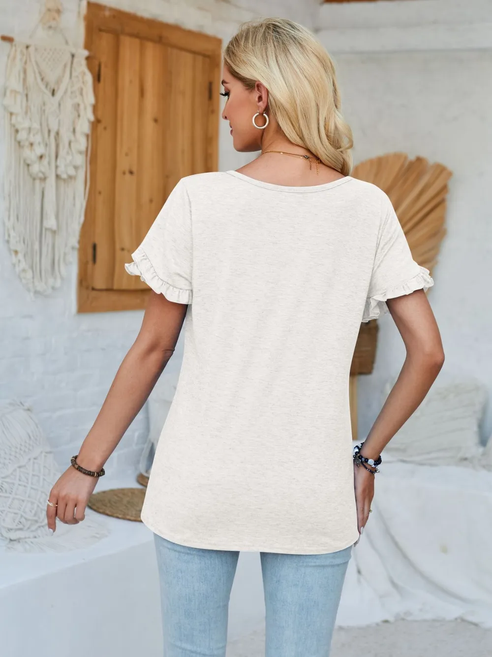 Frill Round Neck Petal Sleeve Blouse, image 7