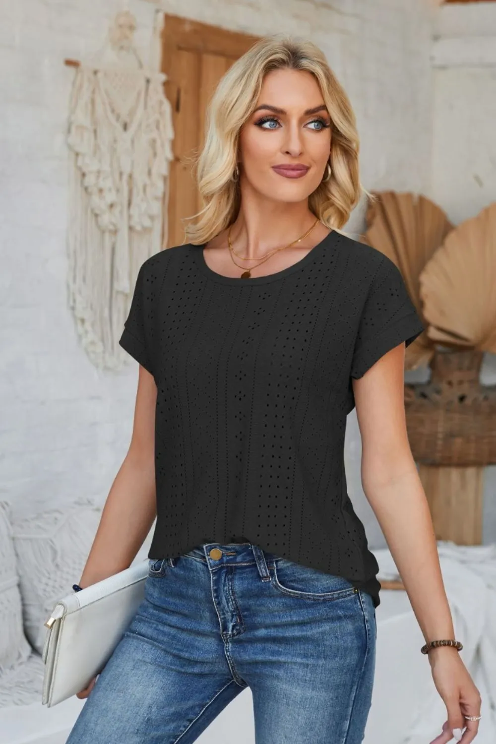 Eyelet Round Neck Rolled Short Sleeve T-Shirt, image 22