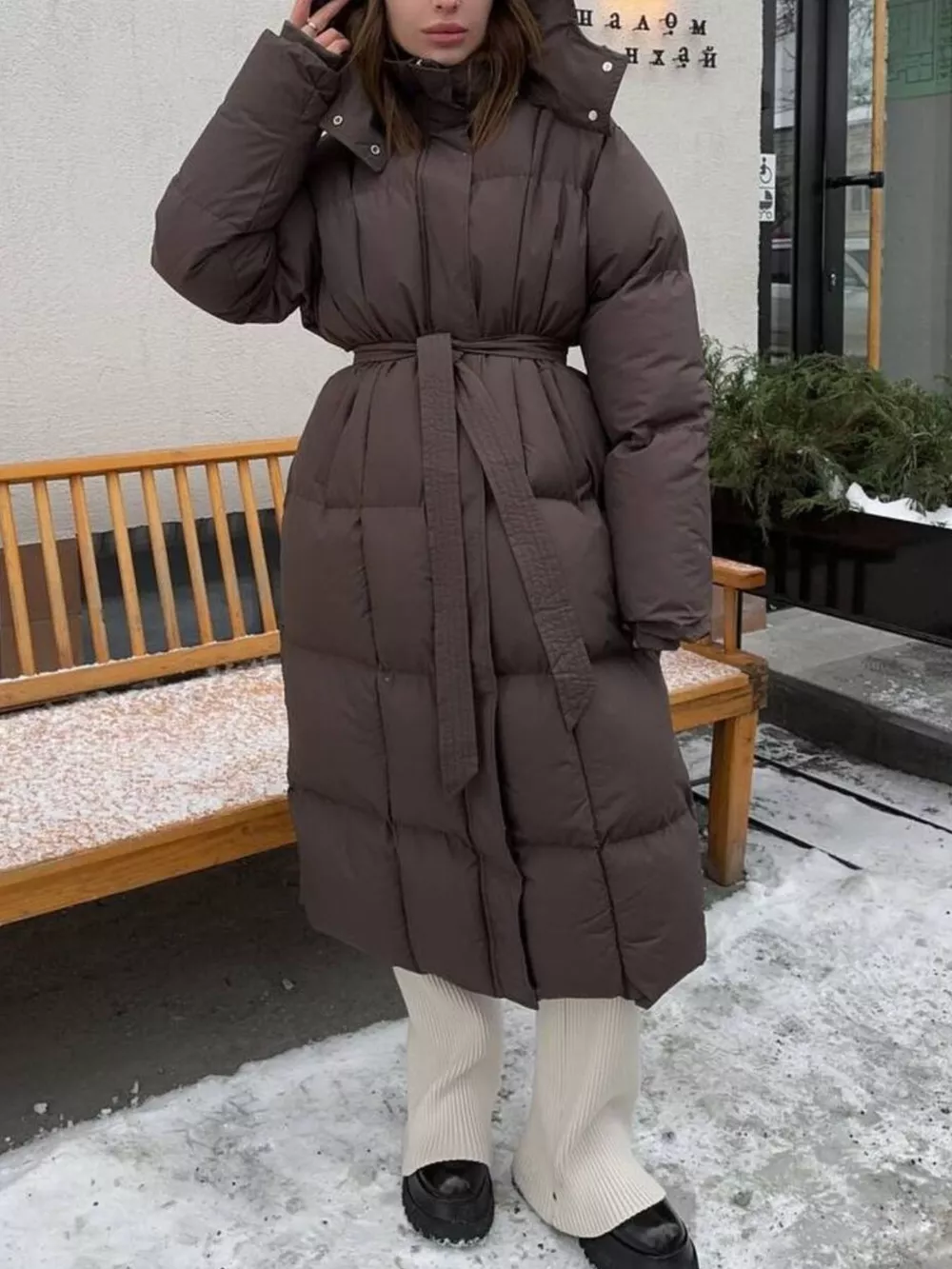 Longline Padded Winter Coat with Belted, image 12