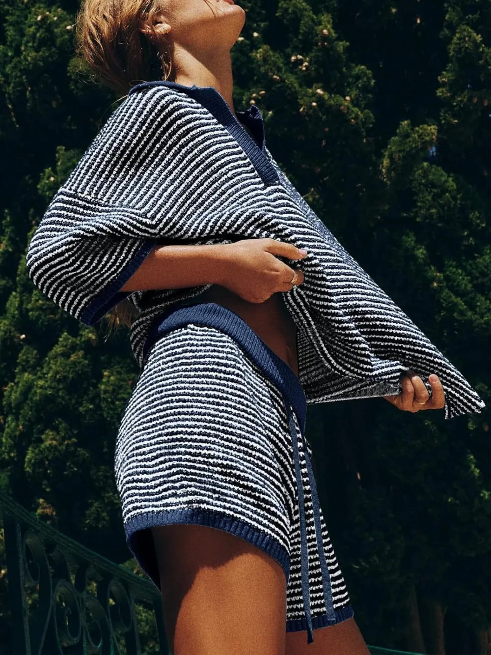 Collared Neck Contrast Striped Top and Shorts Sweater Set, image 24