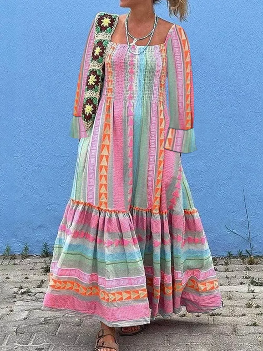 Smocked Square Neck Flounce Sleeve Maxi Dress, image 5