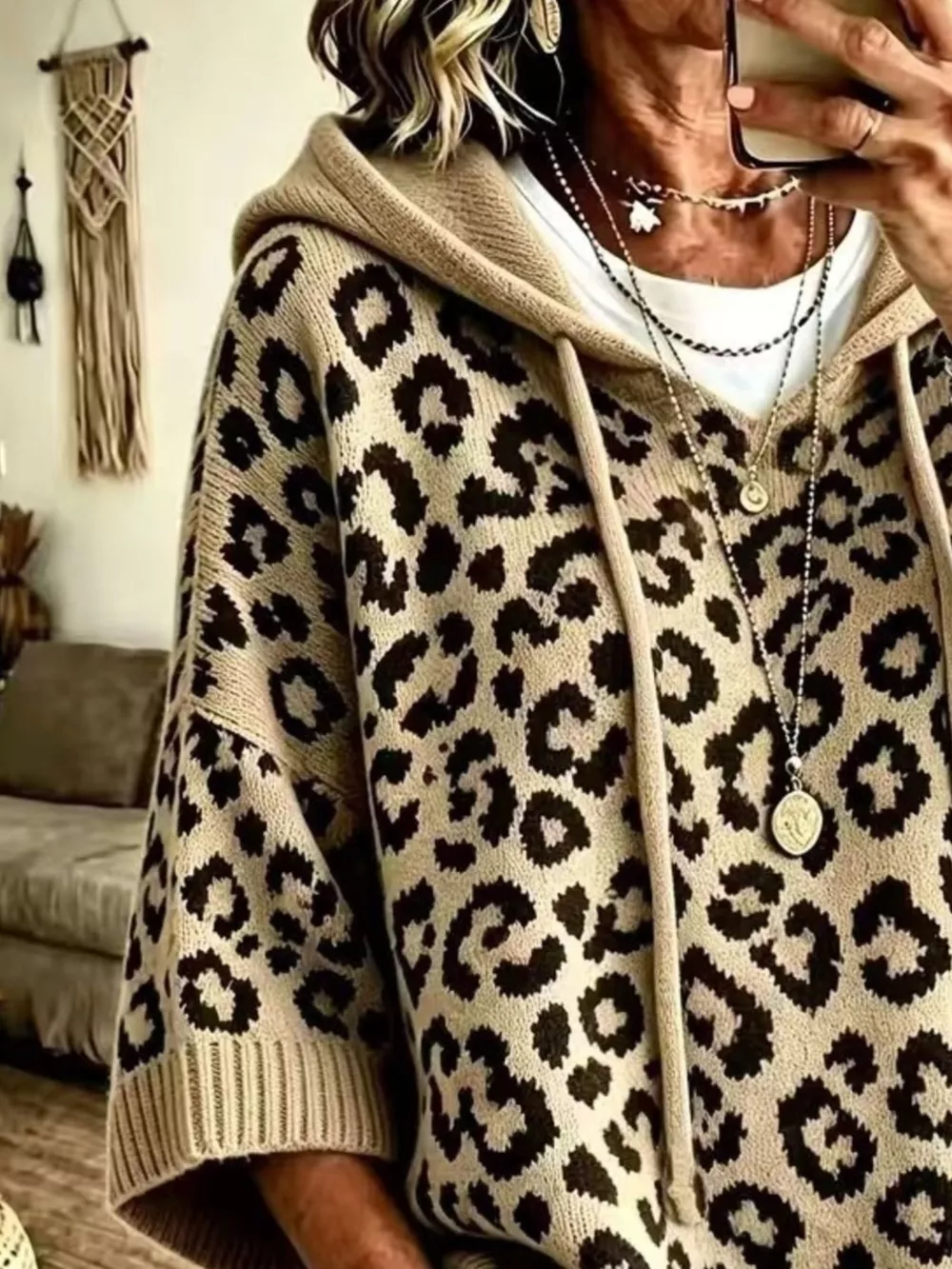 Leopard Print Hooded Knit Sweater, image 4