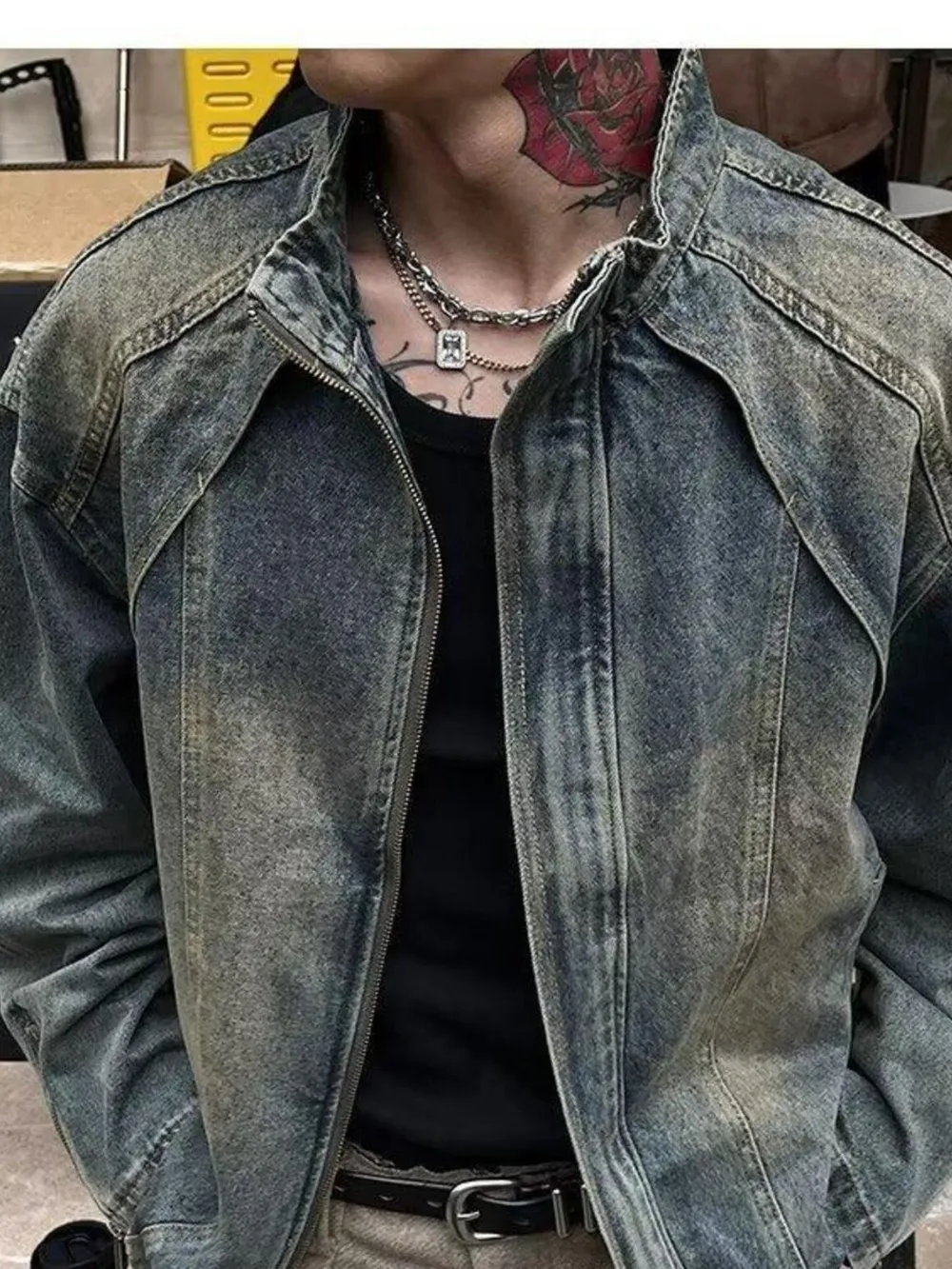 Men's Vintage Washed Denim Jacket with Classic Collar, image 2