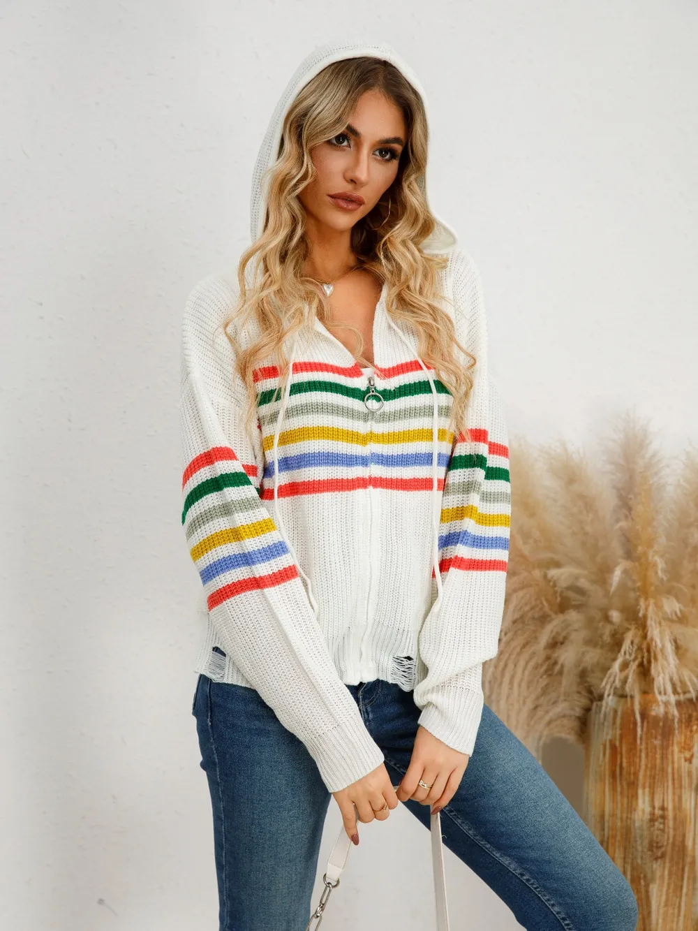 Drawstring Striped Dropped Shoulder Hooded Cardigan, image 6