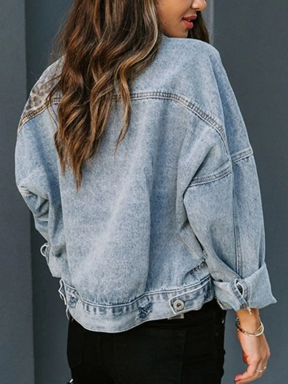 Distressed Leopard Drop Shoulder Denim Jacket, image 3