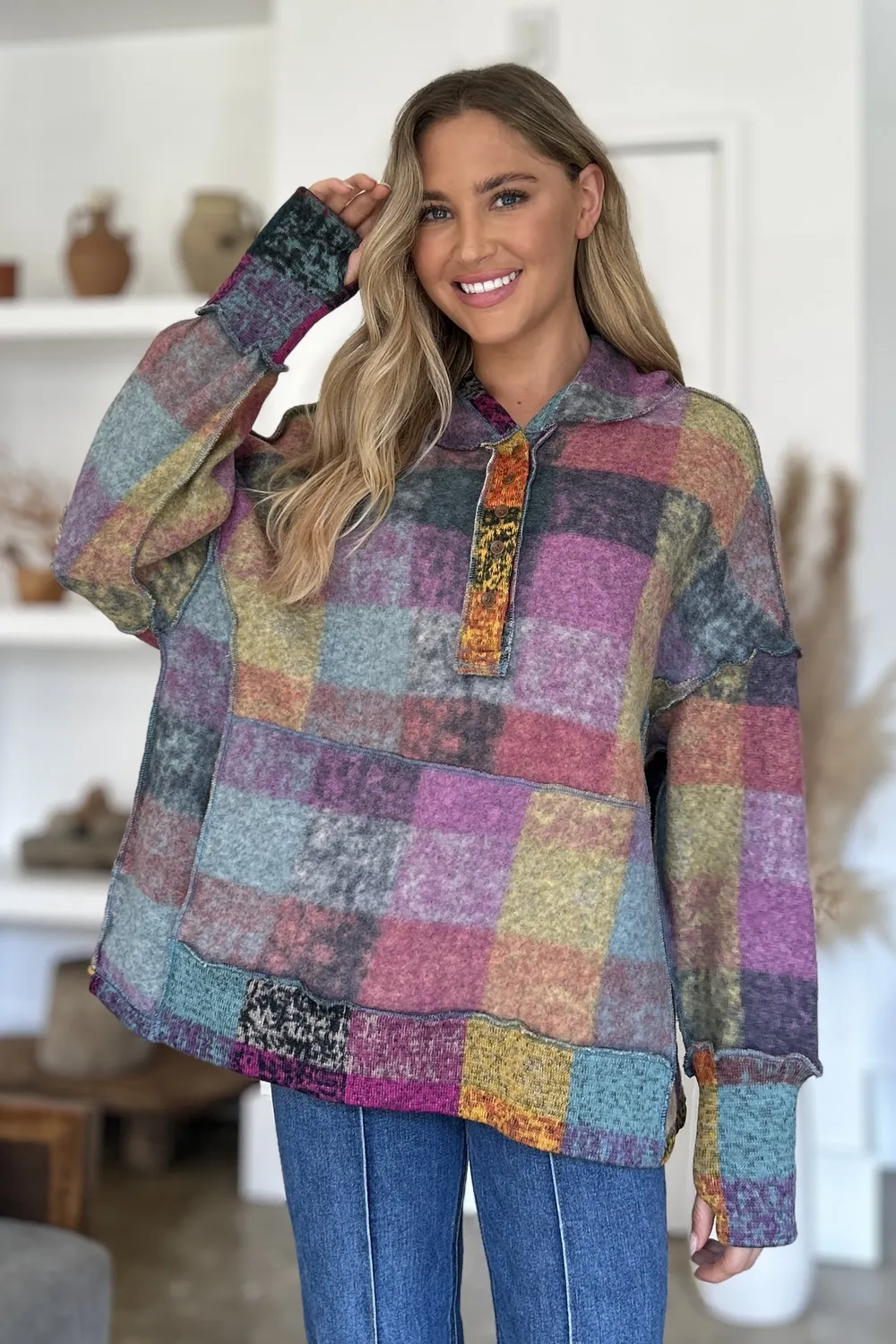 Full Size Plaid Dropped Shoulder Fleece Hoodie, image 18