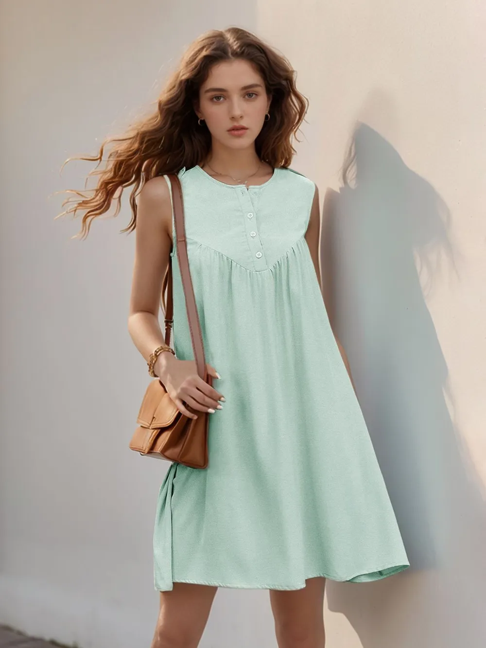 Button Detail Round Neck Sleeveless Mini Dress