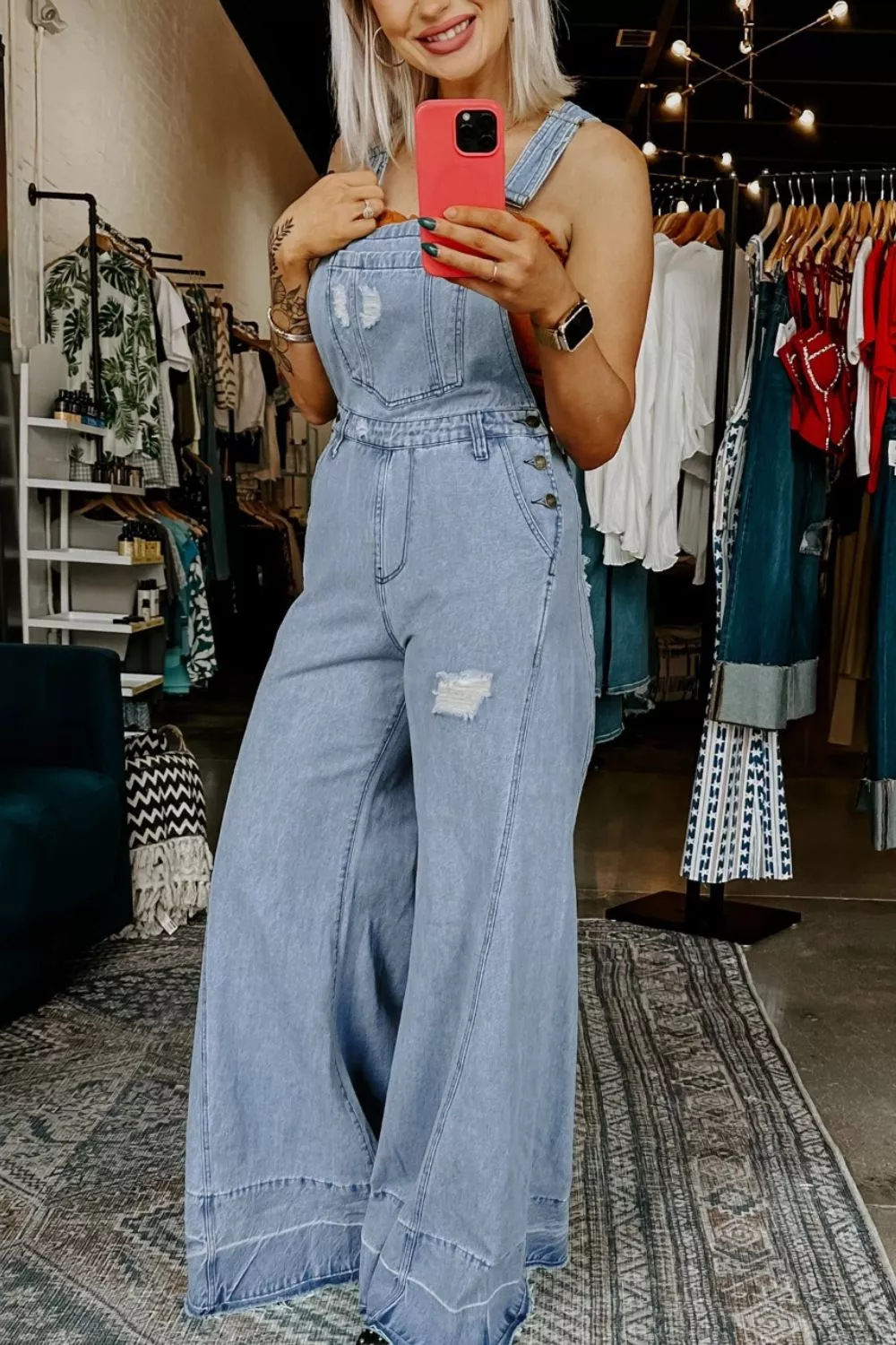 Distressed Wide Leg Denim Overalls