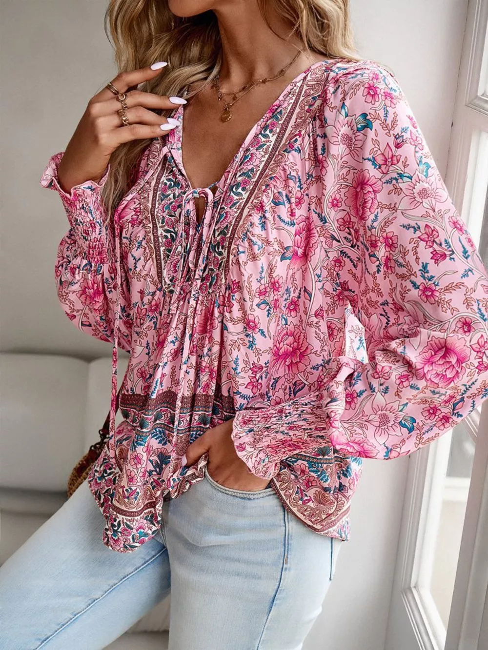 Floral Print Tie Neck Bohemian Blouse, image 17