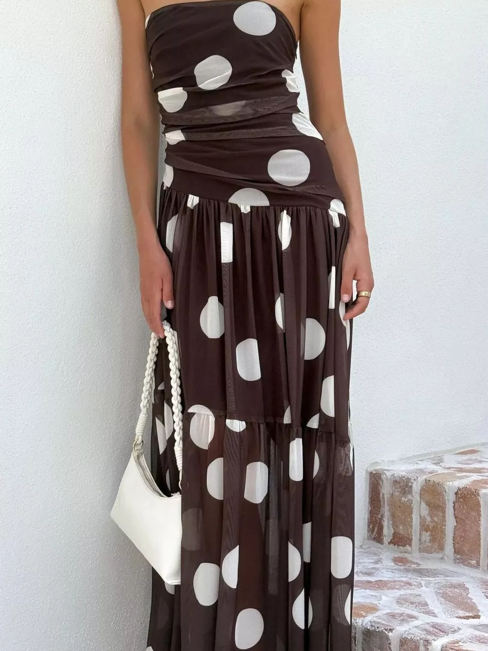 Polka Dot Strapless Ruched Maxi Dress, image 10