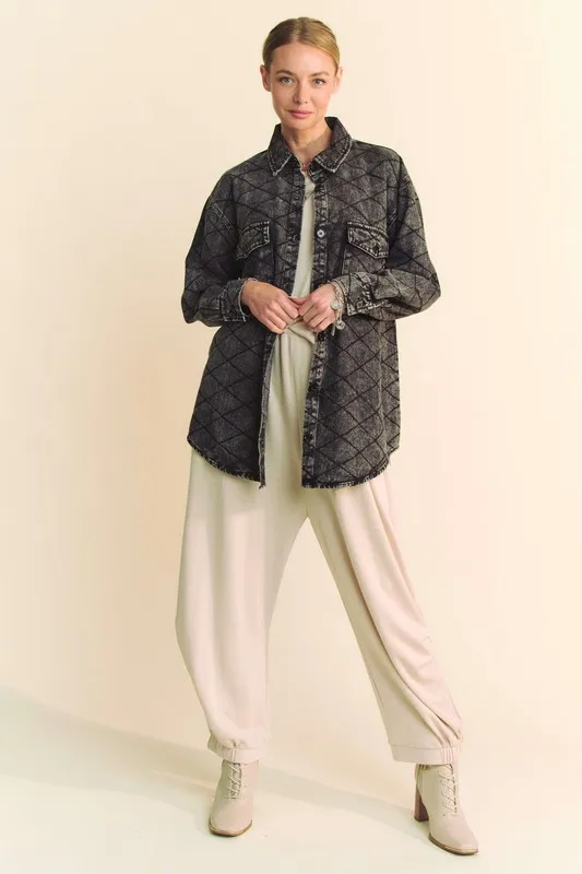Curved Hem Diamond Quilted Button Up Denim Shacket, image 5