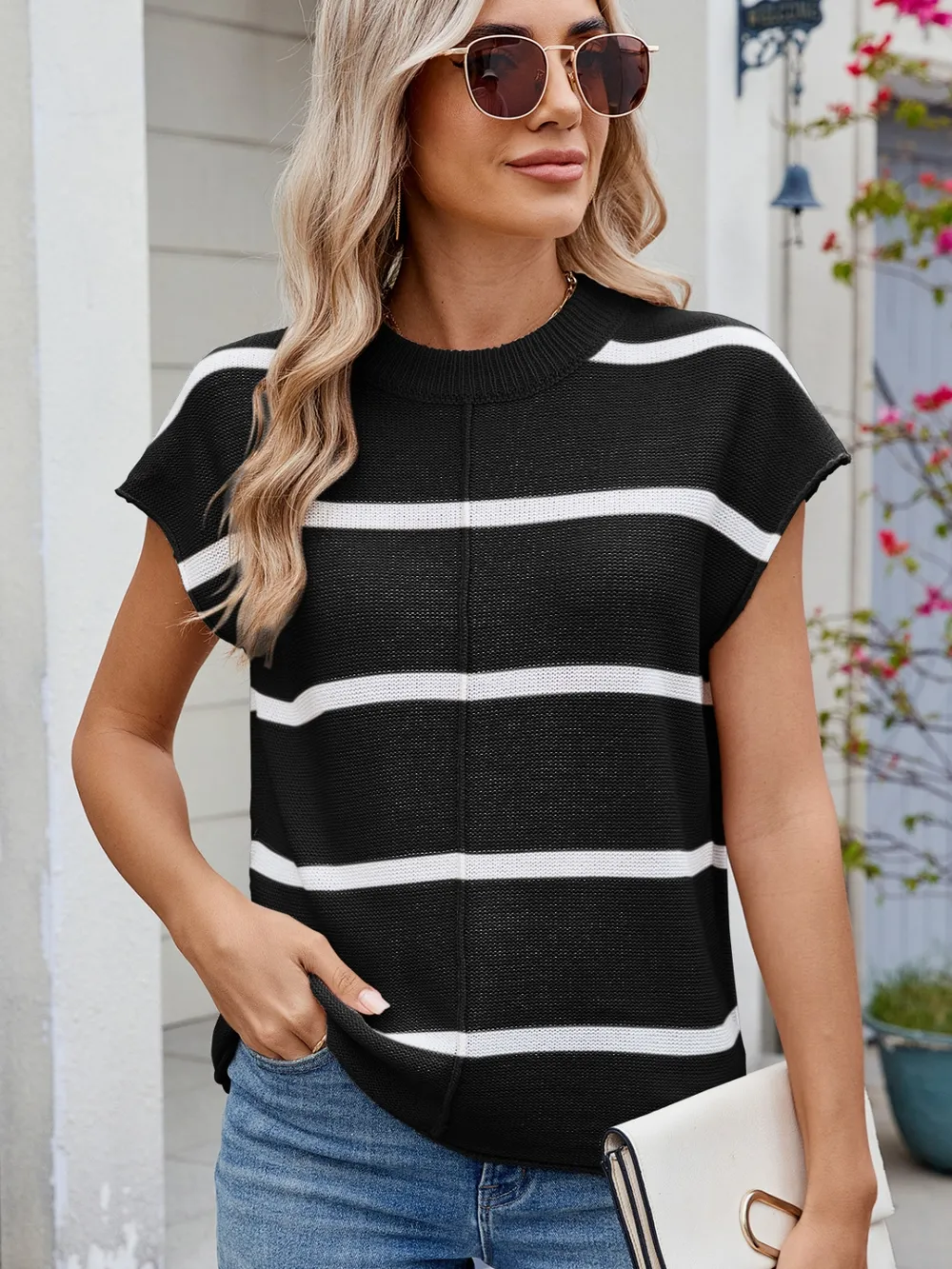 Exposed seam Contrast Striped Round Neck Knit Top, image 14