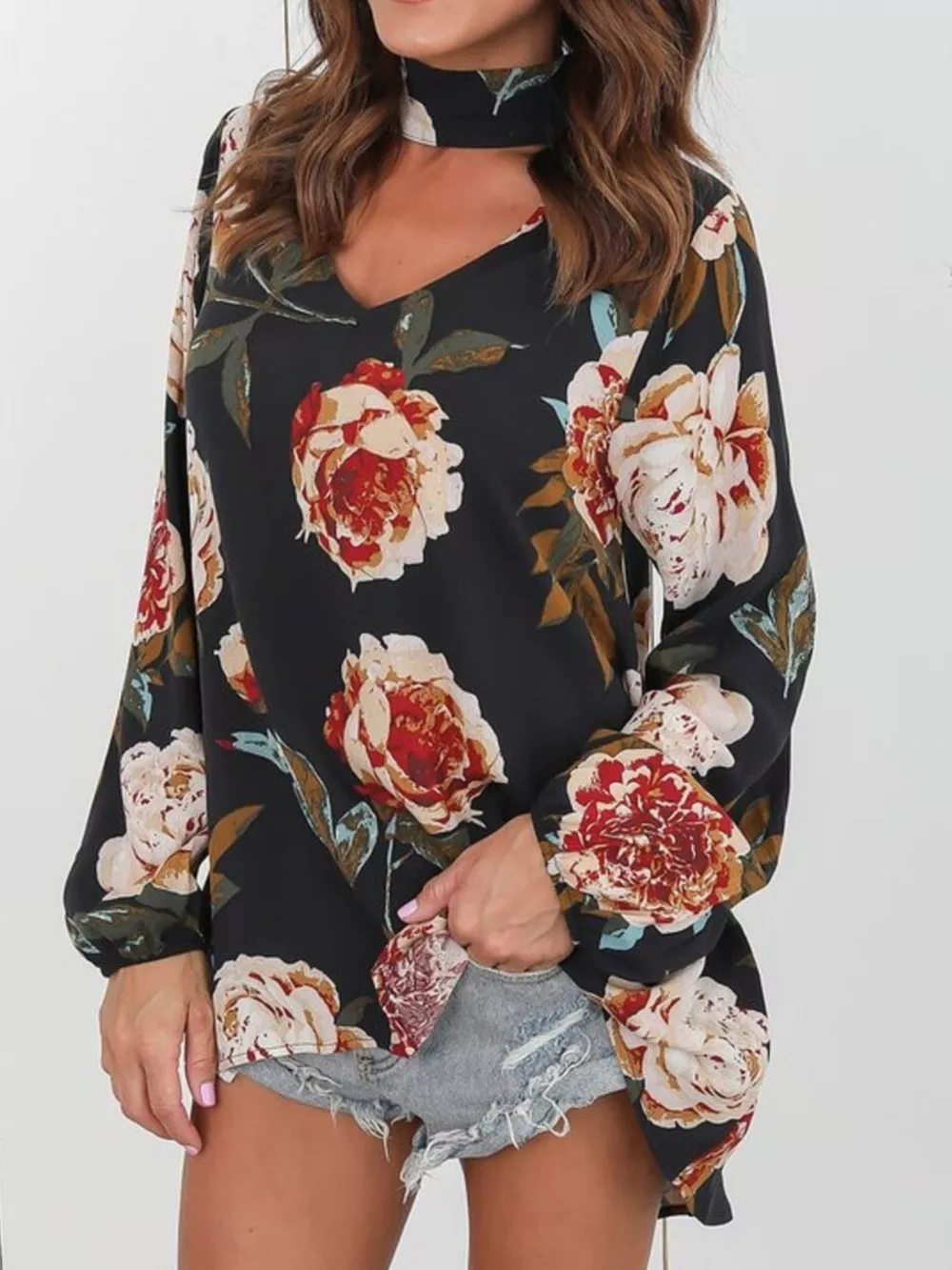 Full Size Floral Print Choker Neck Long Sleeve Blouse Plus Size, image 4
