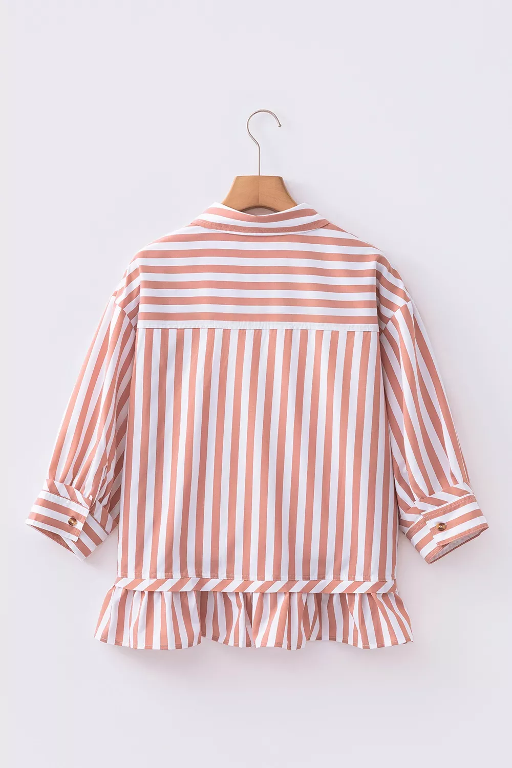 Stripe Collar Button Front Bracelet Sleeve Ruffle Hem Shirt, image 5