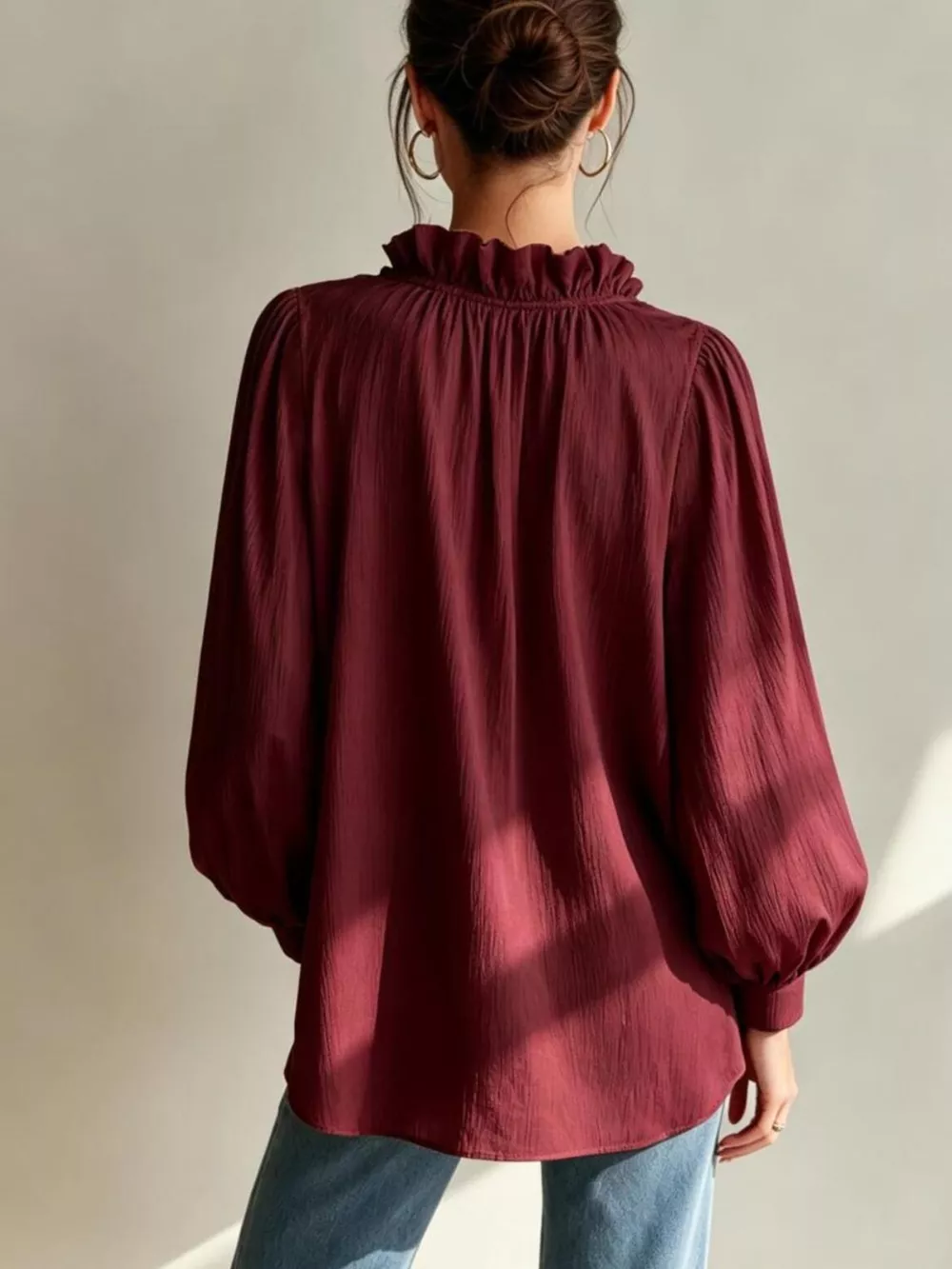 Frill Notched Long Sleeve Blouse, image 3