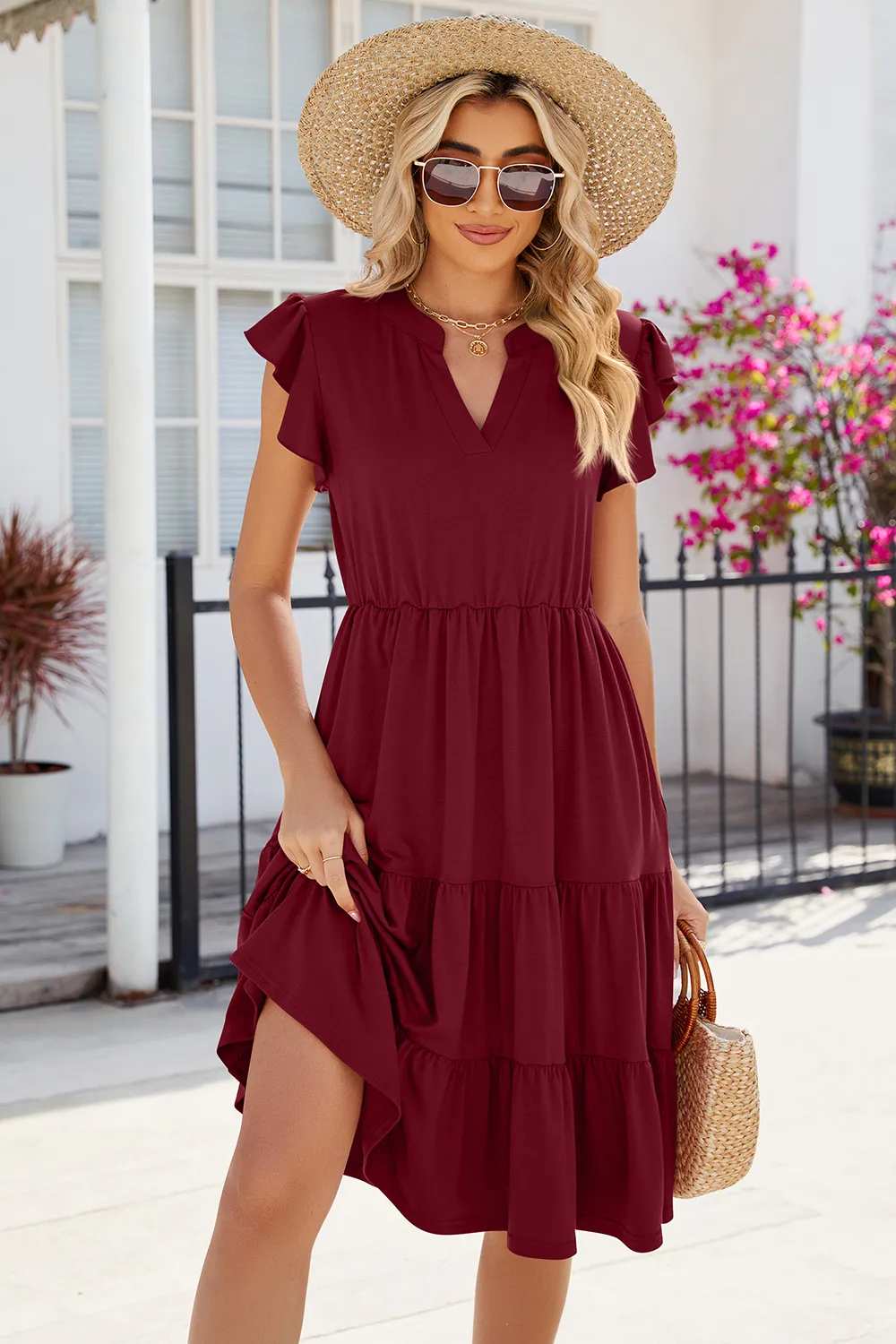 Ruched Notched Cap Sleeve Dress, image 18