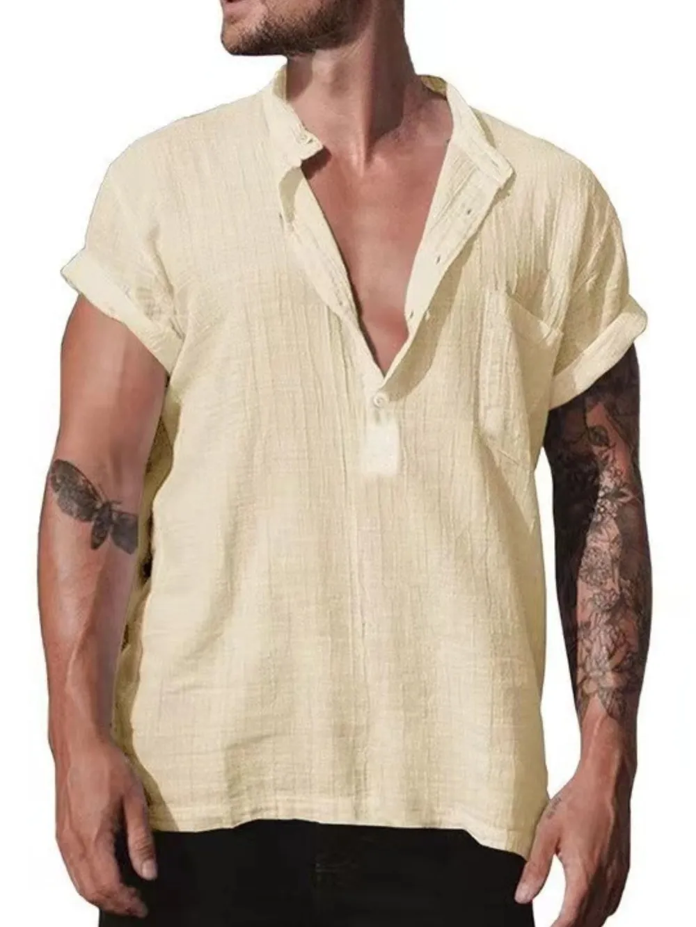 Men's Full Size Casual Linen Short Sleeve Top Plus Size