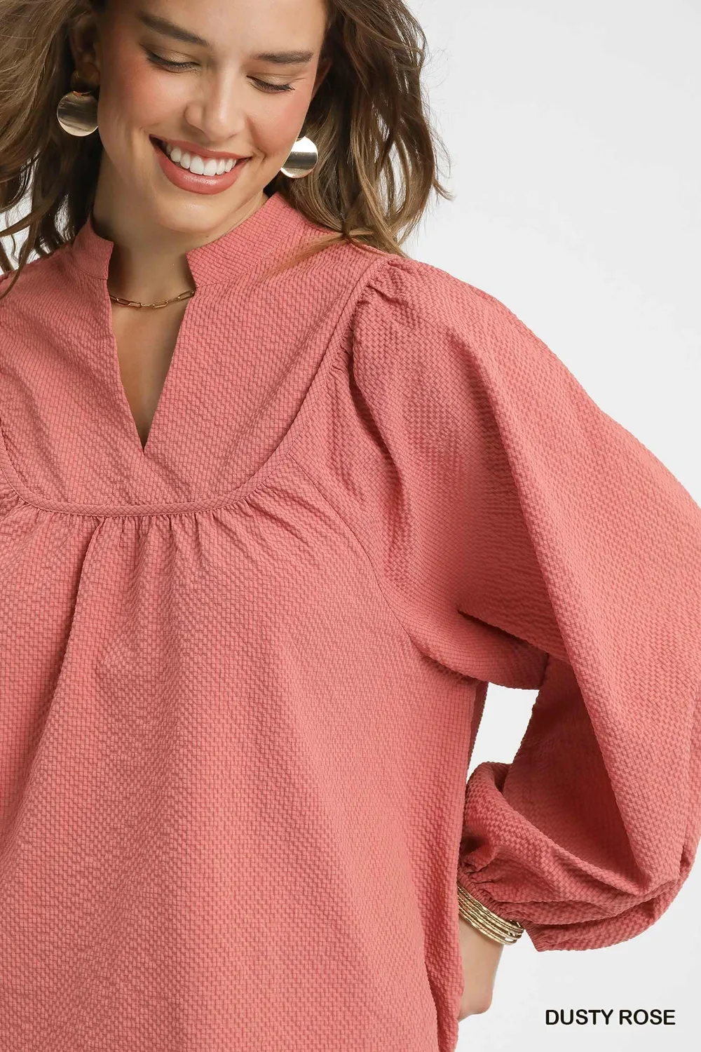 Textured Notched Blouse with Balloon Sleeves, image 2