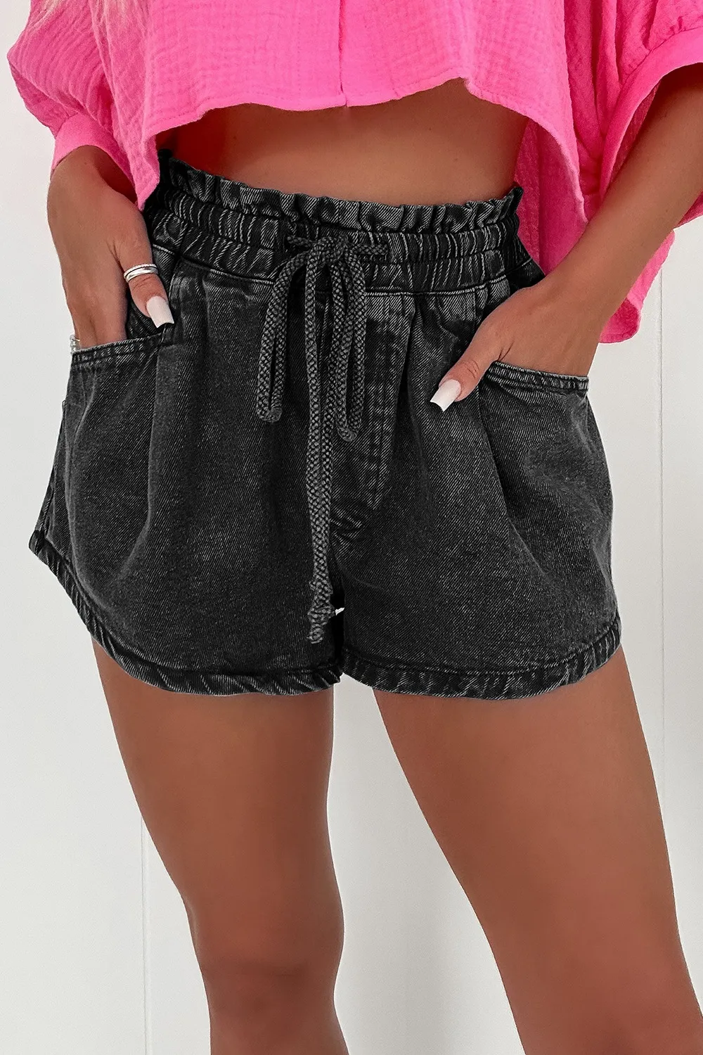 Drawstring High Waist Denim Shorts with Pockets, image 9