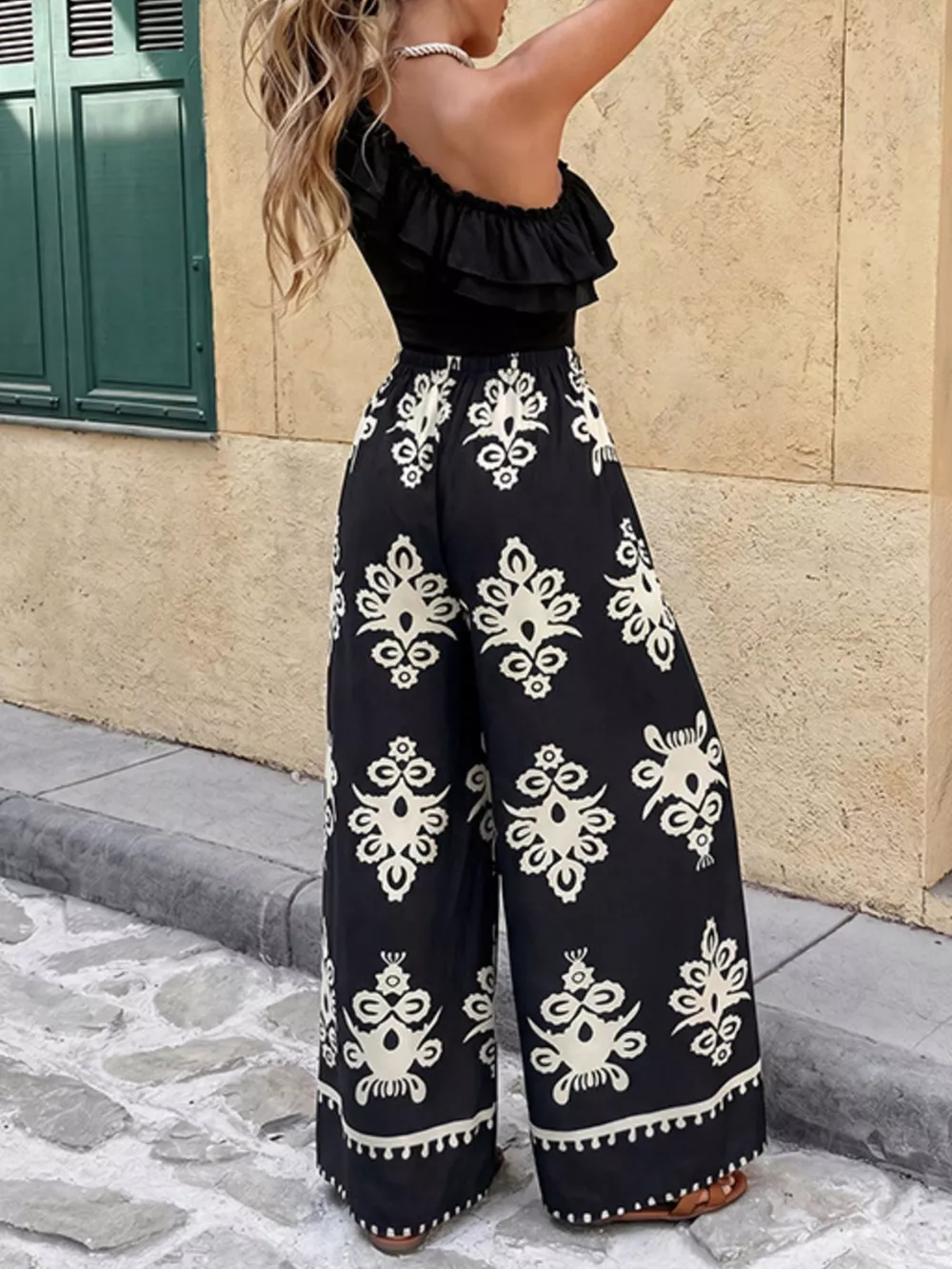 One-Shoulder Ruffled Crop Top and Wide-Leg Printed Pants Set, image 6