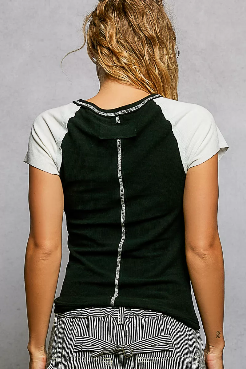 Round Neck Outseam Detail T-Shirt with Contrast Color Sleeves, image 4