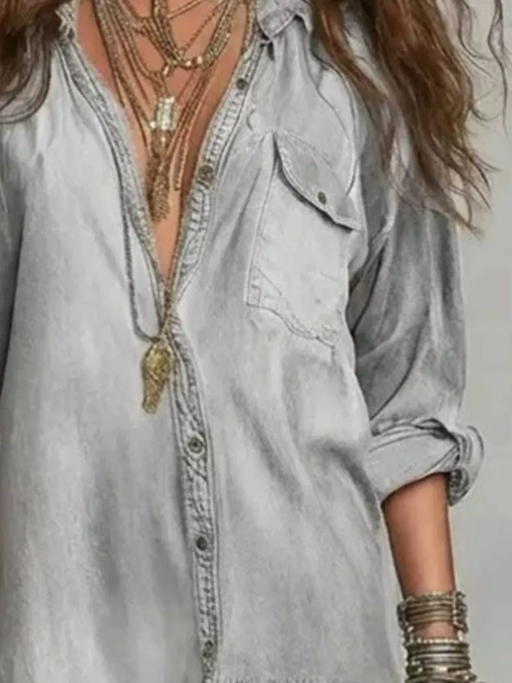 Full Size Tiered Long Sleeve Denim Shirt Maxi Dress Plus Size, image 14