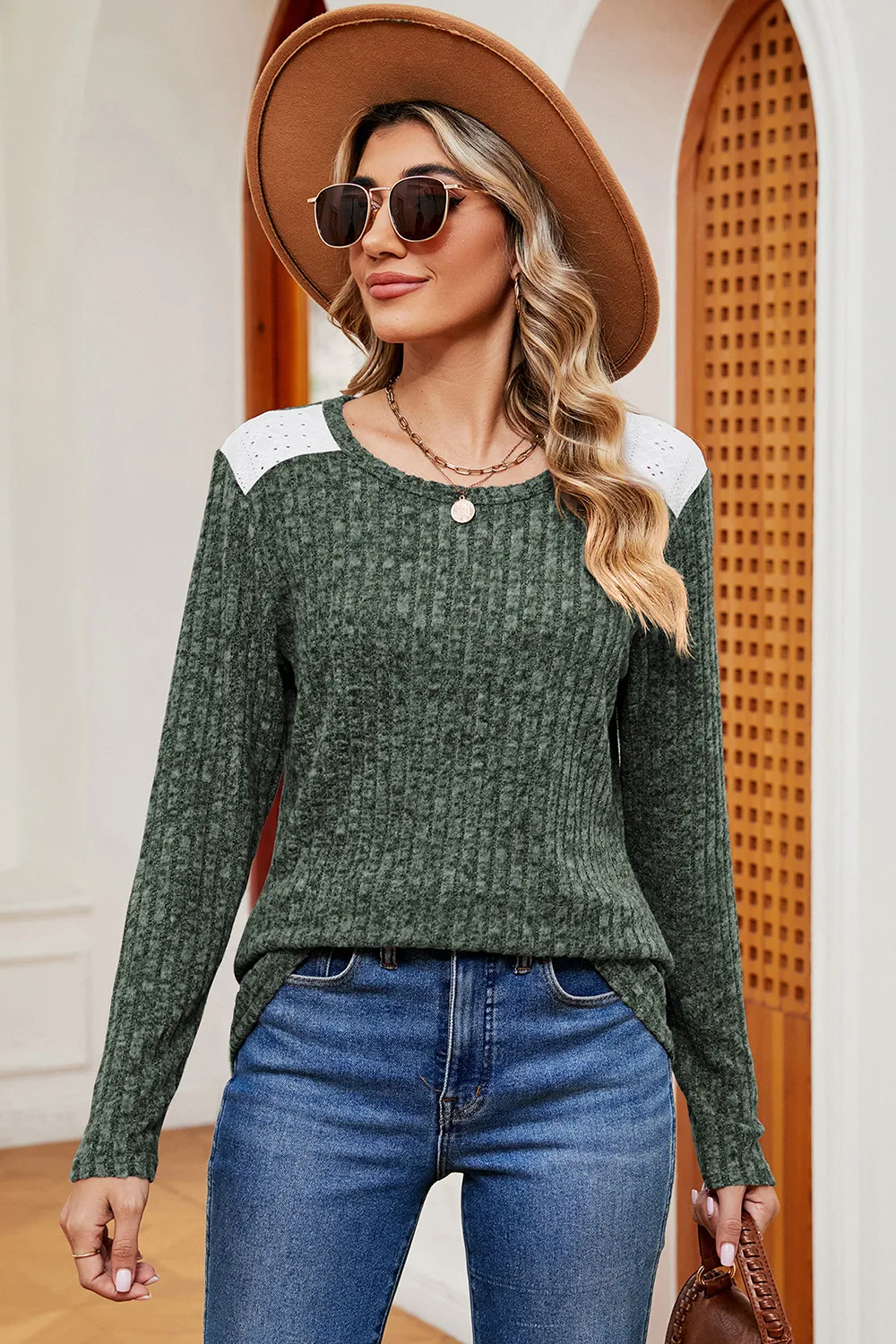 Eyelet Ribbed Round Neck Long Sleeve T-Shirt, image 2