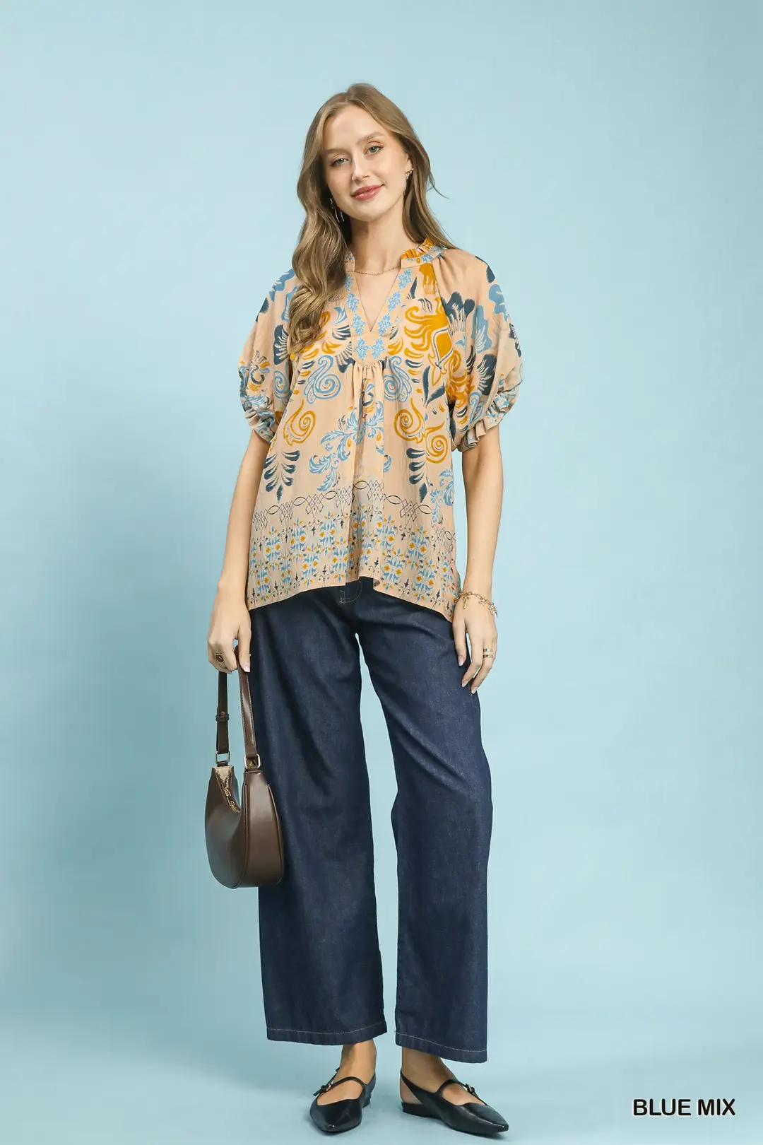 Border Print Puff Sleeve V-Neck Blouse, image 4
