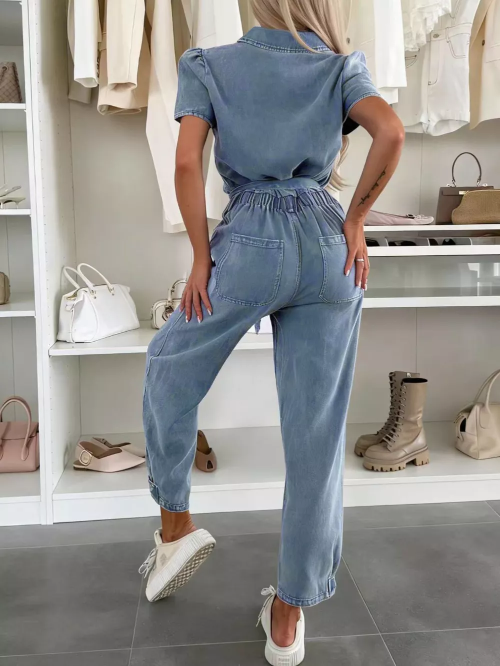 Vintage Wash Short Sleeve Denim Jumpsuit, image 4