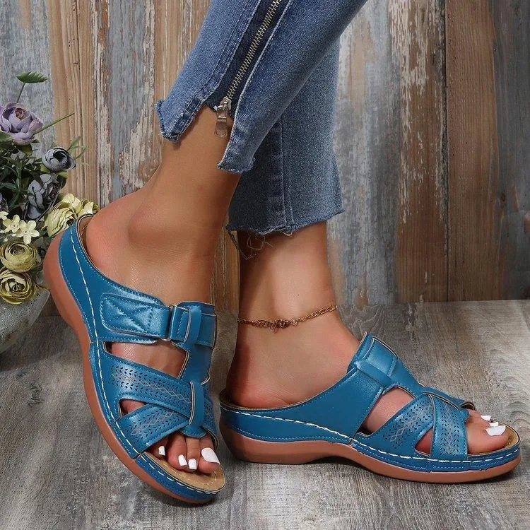 Cutout Leather Wedge Sandals, image 7