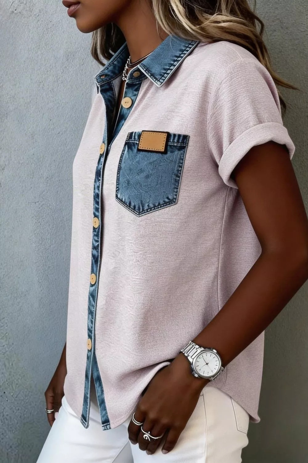 Denim Trim Button-Down Shirt, image 7