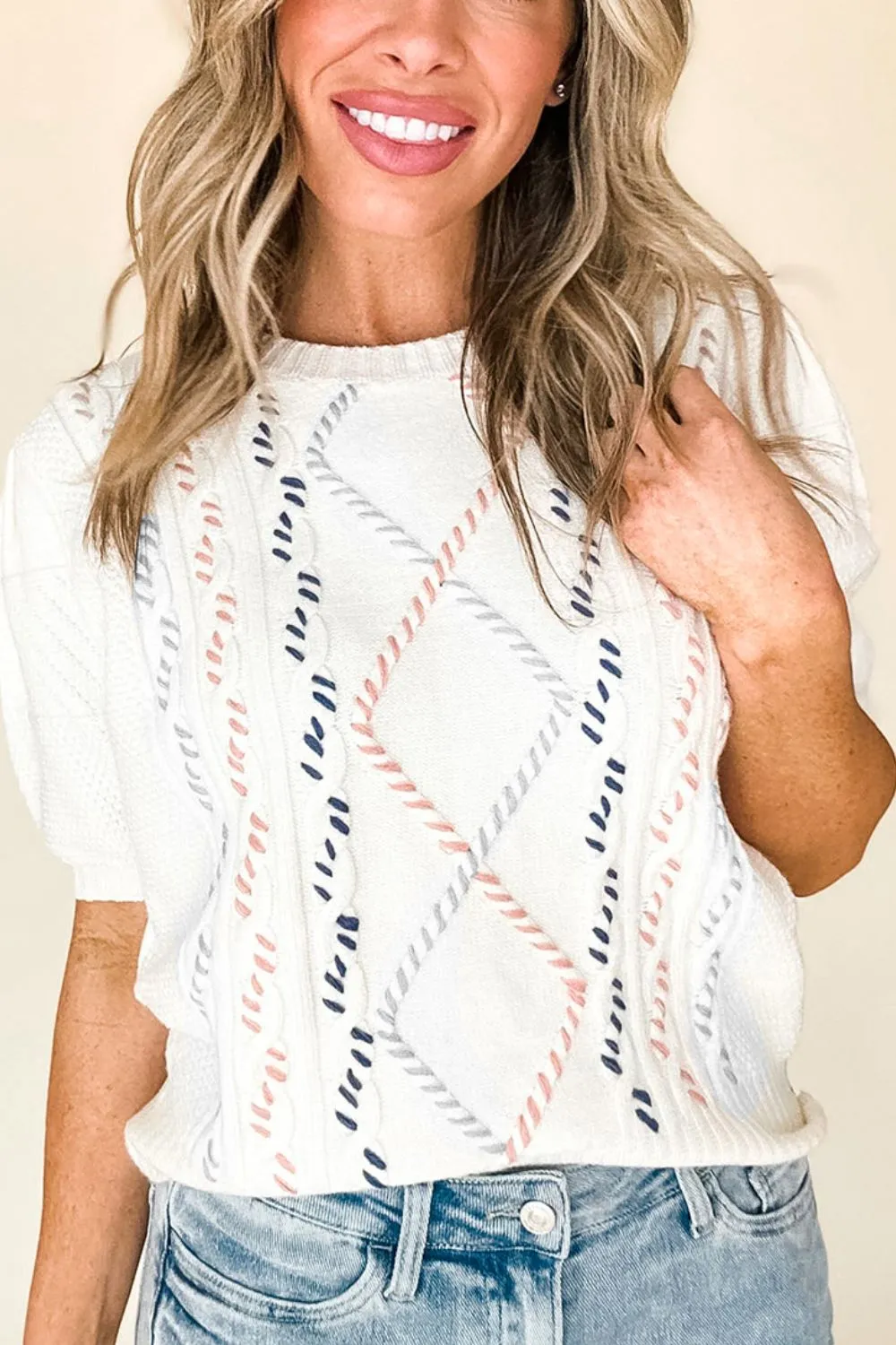 Cable Knit Round Neck Half Sleeve Sweater, image 2