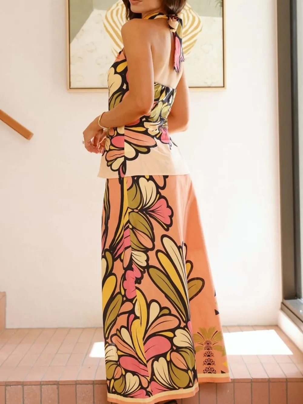 Printed Halter Neck Crop Top and Skirt Set, image 4