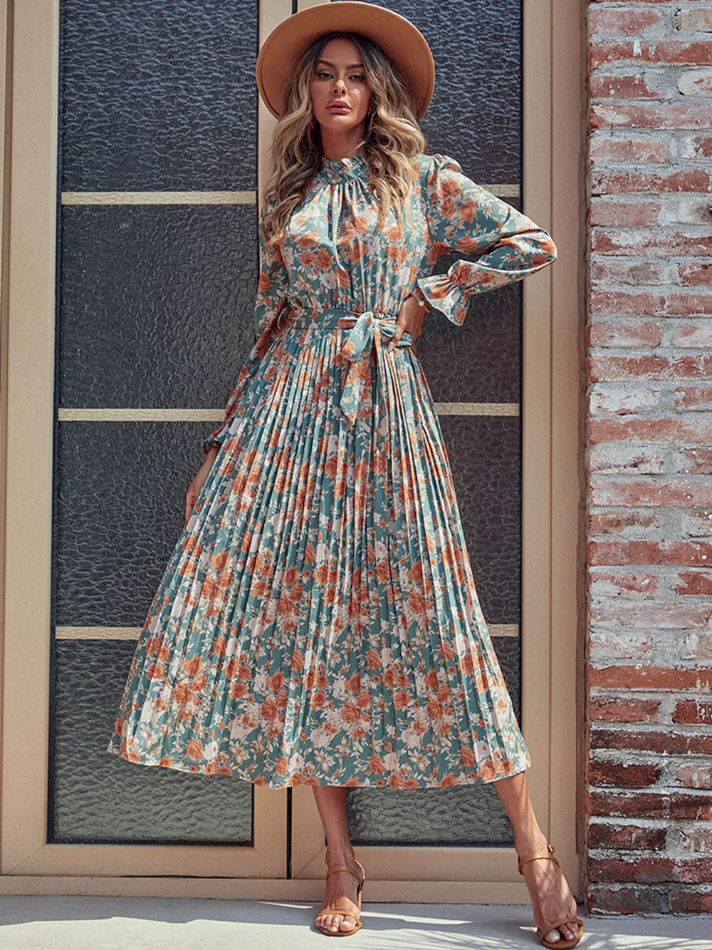 Tied Pleated Printed Mock Neck Long Sleeve Dress, image 6