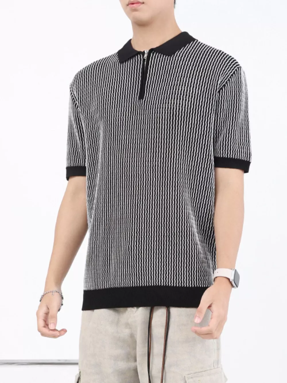 Men's Plus Size Striped Knitted Zip-Up Polo