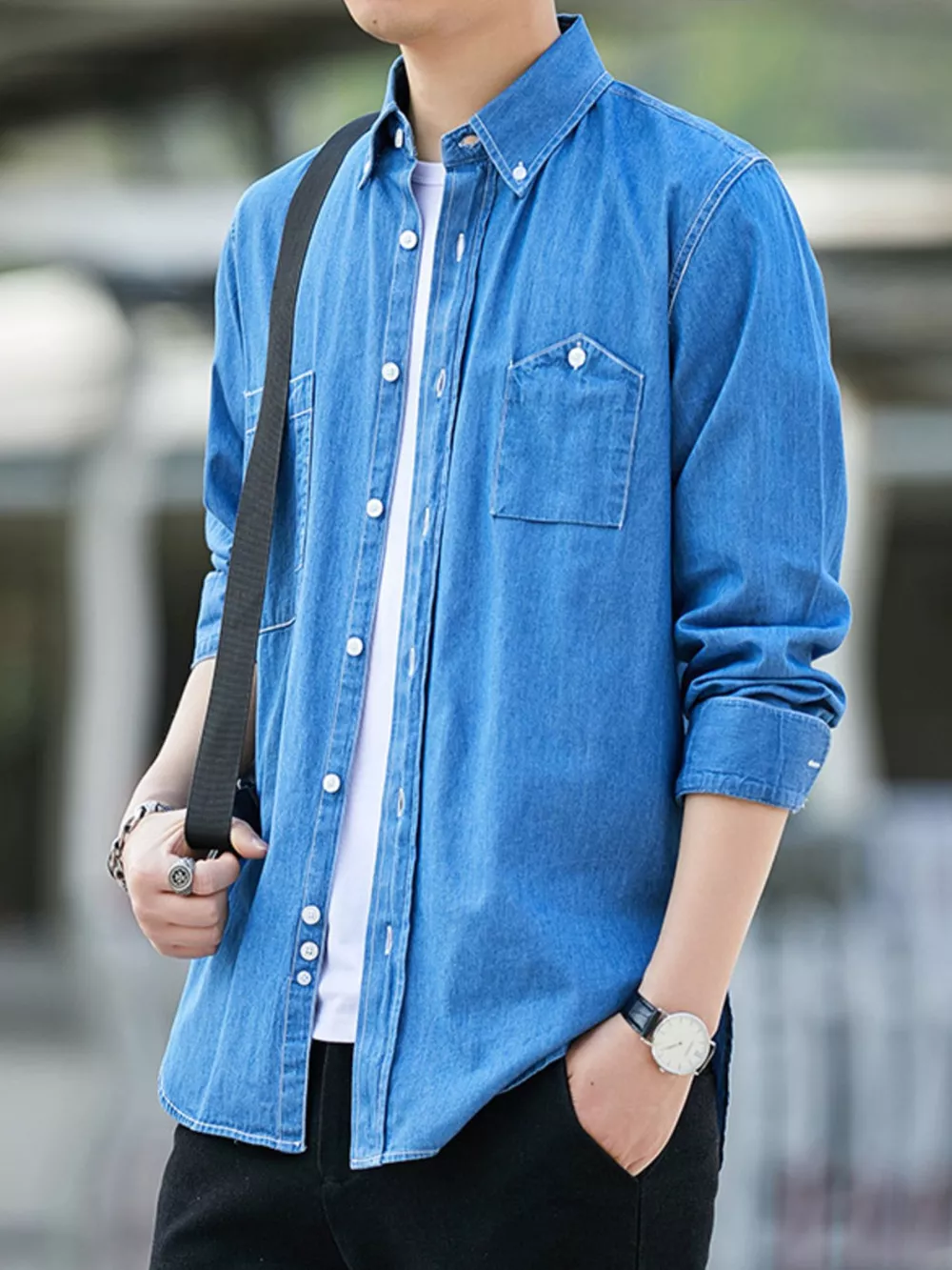 Men's Full Size Casual Long Sleeve Denim Shirt with Pockets Plus Size, image 4