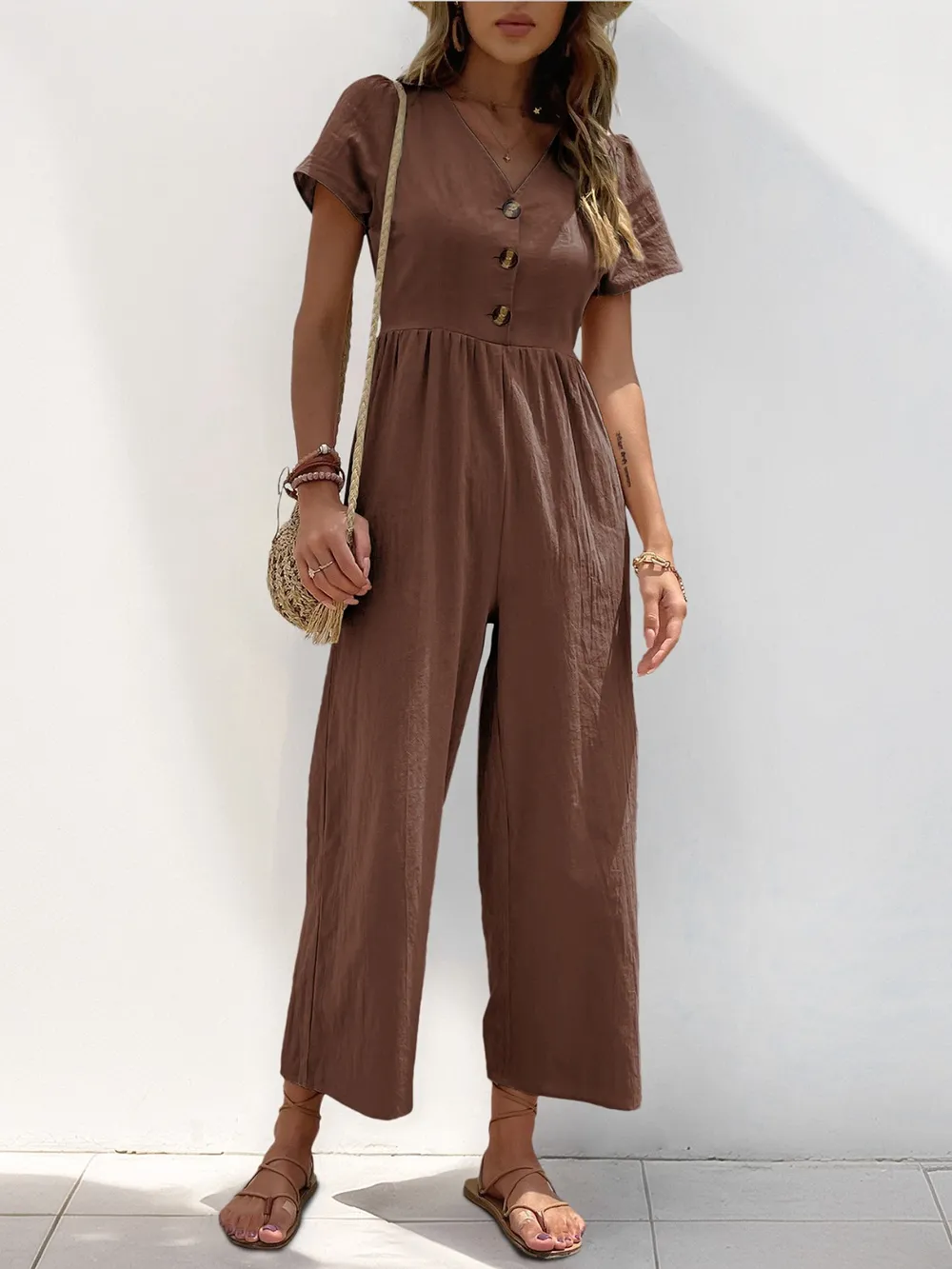 V-Neck Short Sleeve Wide Leg Jumpsuit, image 10